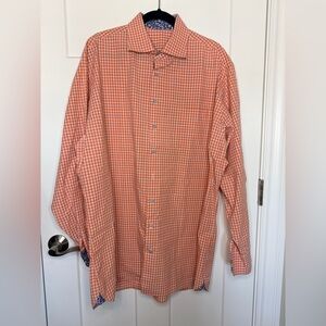 Orange Check Floral Trim Long Sleeve Button-Up